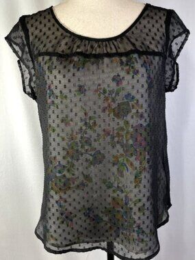 Daniel Rainn Short Sleeve Top Blouse Floral Sheer Polka Dot Overlay Size M